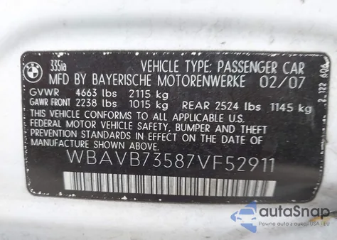 2007 BMW 335I z USA, uszkodzony, nr VIN WBAVB73587VF52911